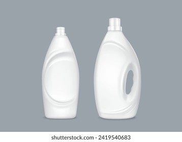 Botellas de detergente de lavado aisladas en el fondo. Ilustración vectorial realista de maquetas de contenedores de plástico blanco con espacio en blanco para la marca, gel de lavado textil casero, suavizador de tela orgánica