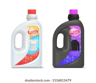 Laundry detergent bottles. Washing detergent for white and black cloth. Vector realistic wash laundry bottles