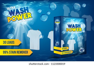 Laundry detergent box add. White clothes hanging out to dry with bubbles .Product package design.