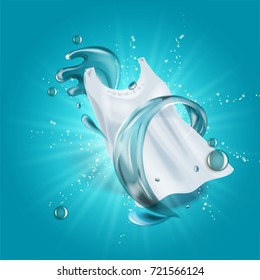 laundry detergent with close up that cleans dirt in clothing, light blue background