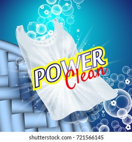 laundry detergent with close up that cleans dirt in clothing, light blue background