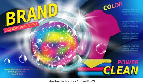 Laundry detergent for color fabric. Bright package design for Washing powder and liquid detergents ads with water splash, t-shirt and towels, soap bubbles. Vector illustration.