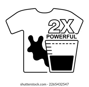 Laundry detergent concentrate that 2x powerful than others. Emblem for packaging of washing gel. Flat vector icon with beaker and dirty t-shirt