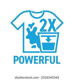 Laundry detergent concentrate that 2x powerful than others. Emblem for packaging of washing gel. Flat vector icon with beaker and dirty t-shirt. Bold line