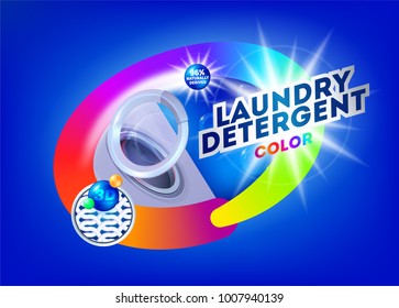 Laundry detergent concept for colored fabrics. Package design for Washing Powder & Liquid Detergents. Vector illustration. Cleaning service