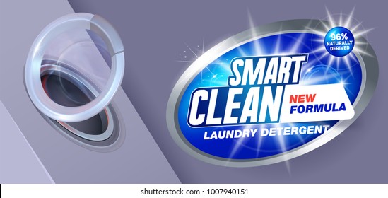 Laundry detergent concept for smart clean wash with new formula. Package design for Washing Powder & Liquid Detergents. Vector illustration. Cleaning service