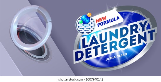 Laundry Detergent Concept For Ultra Clean Wash With New Formula. Package Design For Washing Powder & Liquid Detergents. Vector Illustration. Cleaning Service