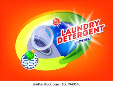 Laundry detergent concept for universal wash with 3d protection. Package design for Washing Powder & Liquid Detergents. Vector illustration. Cleaning service