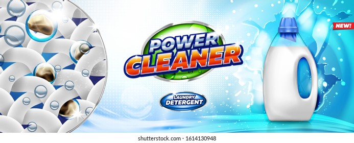 Laundry detergent conceptual banner show removal of dirt from the fabric. Blank bottle filled by washing gel, on bright blue background ready for branding and ads design. 