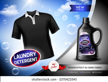 Laundry detergent for dark fabric advertising poster with black t-shirt, soap bubbles realistic vector illustration