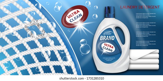 Publicidad de gel detergente para lavado. Blanqueador de marca, suavizador de tela, acondicionador. Diseño de paquetes para anuncios de Detergentes Líquidos con botella de plástico, fibra de tejido con imagen ampliada y toallas limpias. Vector