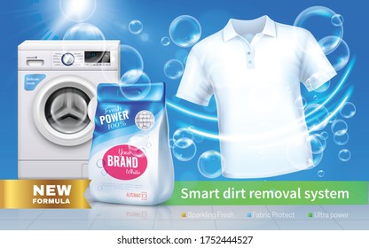 Laundry detergent horizontal colored and realistic composition with new brand tags ribbons and descriptions vector illustration