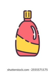 Laundry detergent icon illustration. Flat line color icon of an illustration of a cleaning product bottle, red and yellow with a yellow cap. Colored outline icon.