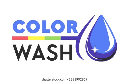 Laundry detergent icon with sparkling drop of water. Package design, washing powder and liquid detergents for cleaning. Promotional banner, promo sticker, emblem or sign. Vector in flat style