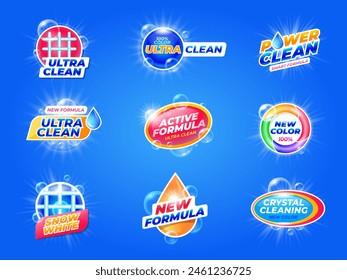 Laundry detergent label. Washing powder emblem package with bubbles, soap and stain remover, laundry care product with antibacterial formula. Vector set. Softener or disinfecting chemicals