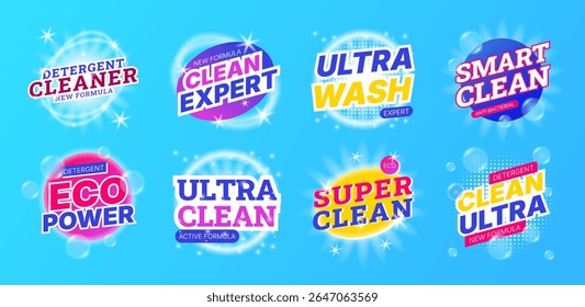 Laundry detergent logo. Ultra clean power soap. Cleanliness sparkle. Antibacterial cleaner. Suds bubble. Softener and cleanser. Toilet hygiene. Packaging brand. Vector product garish design labels set