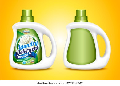 Laundry Detergent Mockup, Two Bottle Template With Label In 3d Illustration On Yellow Background