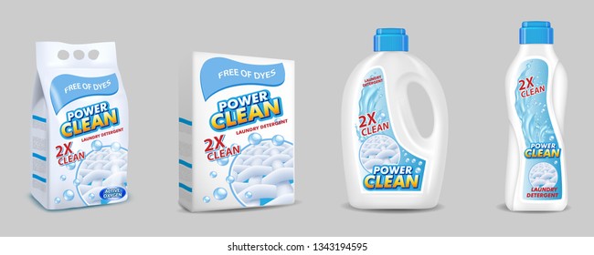 Laundry detergent pack with label mockup set. Vector 3d realistic isolated illustration. Washing powder plastic bag, cardboard box and liquid laundry detergent plastic bottles.