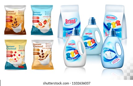 Laundry detergent package design, set of container bottles with label and polypropylene plastic packaging with instant porridge. Vector illustration. 