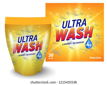 Laundry detergent package design, yellow container soft package with label in 3d illustration isolated on white background