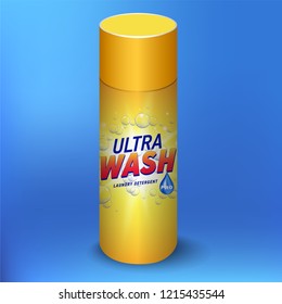 Laundry detergent package design, yellow container bottle with label in 3d illustration isolated on blue background