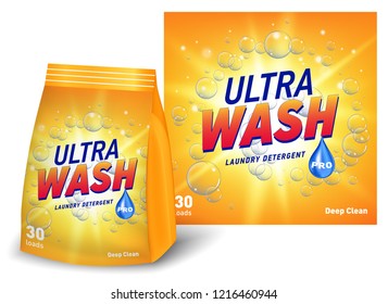 Laundry detergent package design, yellow container soft package with label in 3d illustration isolated on white background