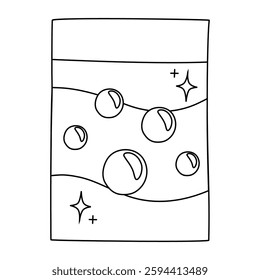 Laundry detergent package with floating soap bubbles, doodle style vector outline for coloring book