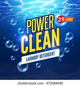 Laundry Detergent packaging vector template design. Soap wash powder design, cleaner label, underwater clean detergent fresh concept.
