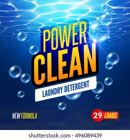 Laundry Detergent packaging vector template design. Detergent powdery design, cleaner label, underwater clean detergent fresh concept.
