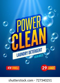 Laundry Detergent packaging vector template design. Detergent powdery design, cleaner label, underwater clean detergent fresh concept.