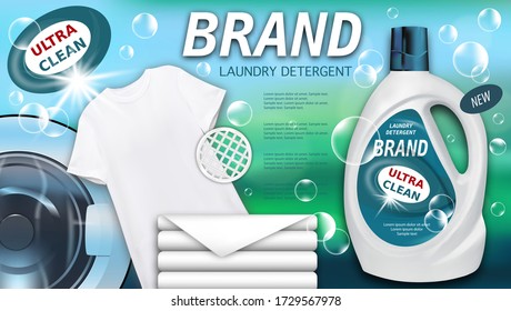 Laundry detergent in plastic container, clean towels and white t-shirt. Package design for Liquid Detergents ads with realistic washing machine. Branded bleach, fabric softener, conditioner. Vector