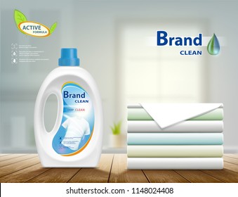Laundry detergent in plastic container and washed cloth. Mock up package with label design. Stock vector illustration.