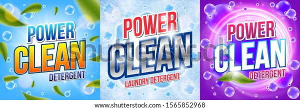 Laundry detergent.\
Powder for washing. Means for dishwashing. Power wash concept with\
water splash. Package banner design template. Advertising vector\
illustration.