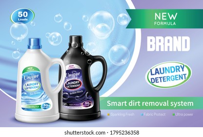 Laundry detergent realistic banner with smart dirt removal system headline brand name and green ribbon vector illustration