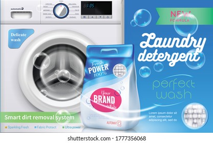 Laundry detergent realistic colored banner with perfect wash advertising headlines ribbons and descriptions vector illustration