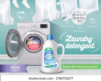 Laundry detergent realistic and colored banner with sparkling fresh fabric project ultra power descriptions vector illustration