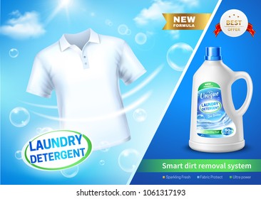 Laundry detergent in realistic plastic bottle ad poster on blue background with white t-shirt vector illustration 