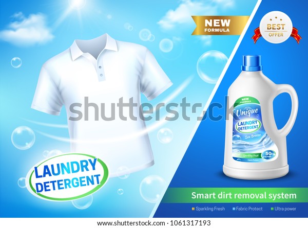 青の背景にリアルなプラスチックボトルとポスター 白いtシャツのベクターイラストと洗濯洗剤 のベクター画像素材 ロイヤリティフリー
