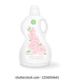 Laundry detergent with rose, white package 3d vector illustration