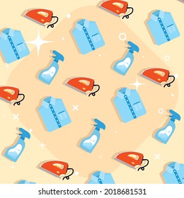 Laundry detergent spray iron and shirt on yellow background
