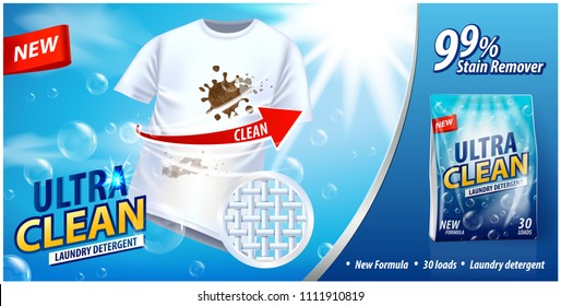 Laundry detergent, stain remover ad vector template. Ads poster design on blue background with white t-shirt and stains for your design