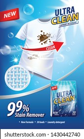 Laundry detergent, stain remover ad vector template. Ads poster design on blue background with white t-shirt and stains. Vertical illustration for your design