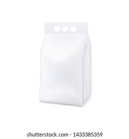 Laundry detergent stand up pouch package realistic mockup isolated on white background. Blank white plastic bag template design with three finger holes handle, vector illustration