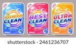 Laundry detergent stickers. Washing powder and soap labels, liquid cleaner and stain remover, washing and cleaning products. Vector set. Isolated badges for packaging, household chemicals