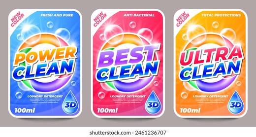 Laundry detergent stickers. Washing powder and soap labels, liquid cleaner and stain remover, washing and cleaning products. Vector set. Isolated badges for packaging, household chemicals