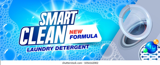 Laundry detergent template for smart clean wash on soap background, package design for Washing Powder & Liquid Detergents ads. Vector illustration. Cleaning service