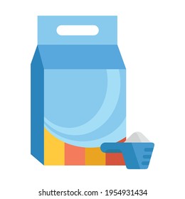Laundry detergent. Washing powder in a measuring spoon and plastic packaging. Vector illustration isolated on a white background for design and web.