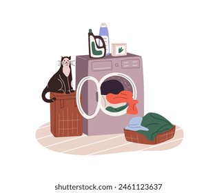 Laundry detergents on washing machine. Cute cat sits on basket with dirty clothes. Open door of drum with garments to cleaning. Housework. Flat isolated vector illustration on white background