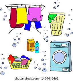 Juego de doodles para lavar.  Lavadora, ropa, detergente, cesta de ropa, ropa seca en cuerdas, secadora para ropa. Ilustración vectorial multicolor brillante aislada en fondo blanco.
