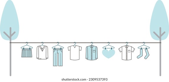 Laundry dried in a row Simple line drawing illustration material